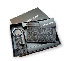 NWT $100 MICHAEL KORS Card Wallet + Key Chain Logo 86F2SGFD1B Gray Black Boxed - Picture 1 of 1