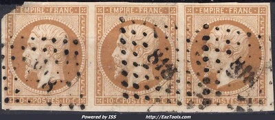 FRANCE EMPIRE 10c BISTRE BANDE DE 3 N° 13A AVEC PC 818 LA CHATRE INDRE A VOIR - Photo 1/2