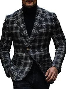 Check Plaid Men Blazer Slim Fit Peak Lapel Formal Single Breasted Jackets Prom - Picture 1 of 12