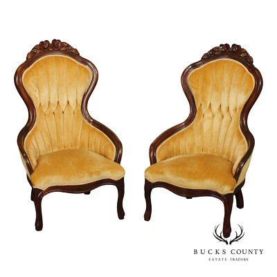 Kimball家具维多利亚风格一对雕刻桃花心木客厅椅子 — 第 1/4 张图片