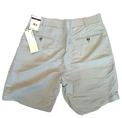 PERRY ELLIS PANTALONES CORTOS MEZCLA LINO HOMBRE 32 BEIGE DOBLE PLIEGUE CHINO COSTERO 33"x9.5" Foto 1 de 4