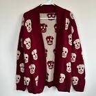 Skull Knit Cadigan Sweater Goth Open Front Long Sleeve Red Cream SMALL