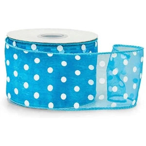 2.5" Wide Turquoise with White Polka Dots Sheer Wired Ribbon - 25 Yards (52988) - Picture 1 of 1