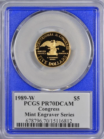 1989 W Gold $5 Congress PCGS PR70 DCAM - Mint Engraver Series - Mercanti Sign Cover