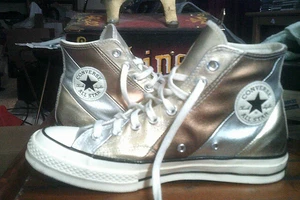 Converse Damen Gr. 9,5 Silber Gold Leder Chuck Taylor 70 Hi Top Schuhe Sneaker - Bild 1 von 8