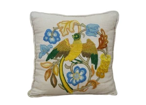 1970's Crewel Embroidered Linen Fabled Exotic Bird 7130 Throw Pillow 13" - Picture 1 of 13