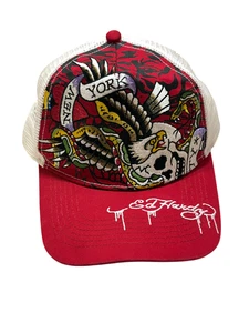 Ed Hardy NYC Adler Mütze Kappe Unisex Einheitsgröße rot bestickt Trucker Druckknopflasche UVP $50 - Bild 1 von 11