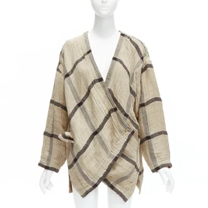 ISSEY MIYAKE 1980s Vintage beige black wrap front oversized crinkle coat JP9 - Picture 1 of 11