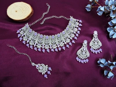 印度宝莱坞婚礼镀银珠宝水钻珍珠项链套装全新 — 第 1/4 张图片