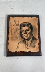 Vintage 1981 JFK John F Kennedy & Abraham Lincoln Art On Wooden Slab 15"x12" - Picture 1 of 5