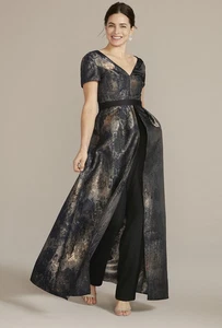 Oleg Cassini Krepp Brokat Overall Gr. 12 schwarz gold Hosenanzug mit Kleid Overlay - Bild 1 von 9