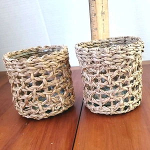 NEW Pair ANTHROPOLOGIE Matching 4" Glass Seagrass Woven Hurricane Candle Holders - Picture 1 of 4