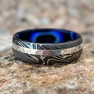 Damascus Steel Ring 14k White Gold Wedding Band With Inside Sapphire Blue Ocean - Picture 1 of 5