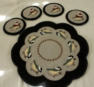 Handmade Wool Candle Mat & Mini Mat Coasters With Cheerful Chickadees Pattern - Picture 1 of 8
