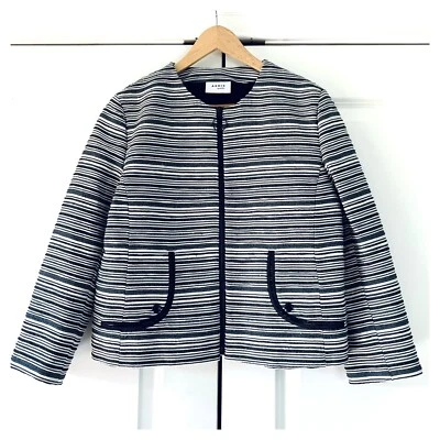 Akris Punto Jacket Silk Textured Black & White Striped Zip Blazer Career Size 10 - Image 1 of 4