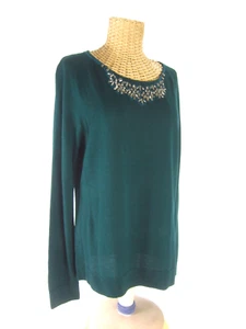 New Talbots Womens L Dark Green Rhinestone Fine Merino Wool LS Sweater $119 - Picture 1 of 10