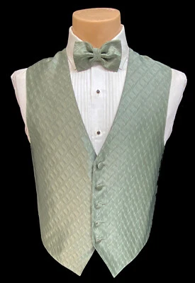 Men's Sage Green Tuxedo Vest, Bow Tie & Pocket Square Set – USA Made - Medium - Image 1 of 4