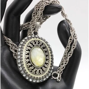 SILVER vintage rhinestone oval Victorian pendant 24" rope chain 36.9 grams - Imagen 1 de 10