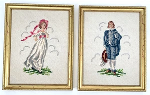 Needle Point Handmade Victorian Lady & Gentlemen Vintage Antique Framed Art pair - Picture 1 of 9