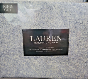 Ralph Lauren  King Sheet Set Ensemble, White/Blue Paisley - 112 x 102in