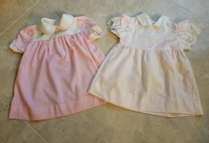 Pair Vintage 70s Little Girls Two Toddler Pink Dresses Plaid Embroidered Ruffle - Picture 1 of 11