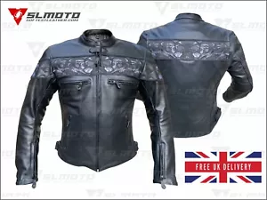 Men's Black Skull Leather Motorcycle Biker Genuine Cowhide Embroidered Jacket - Picture 1 of 8