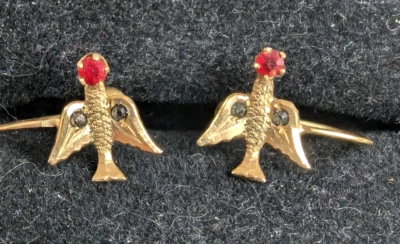 Edwardian Solid 10K Gold Flying Swallow Bird Ruby & Paste Screw Back Earrings - Image 1 of 4