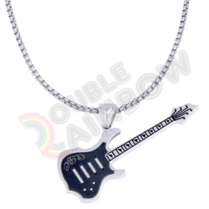 Men Guitar Stainless Steel Cool Black Music Pendant Necklace 3mm Chain Gift*P149 - Picture 1 of 5