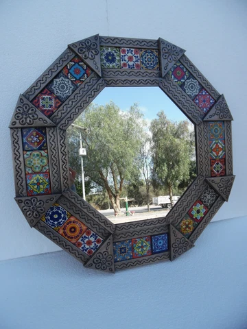 22" PUNCHED TIN MIRROR octagonal   mixed talavera tiles    mexican folk art Cover