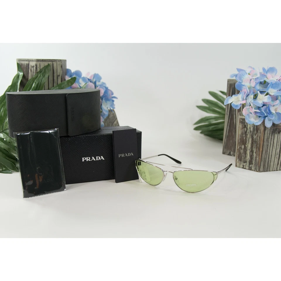 Prada 62VS66 Silver Pale Green Polarized Metal Aviator Logo Sunglasses NWT Case - Image 1 of 4