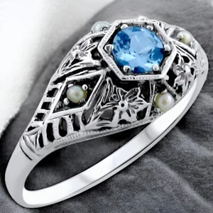 ANILLO DE PERLAS AGUAMARINA SIMULADA DE PLATA ESTERLINA MACIZA 925 ESTILO ANTIGUO #369 - Imagen 1 de 4