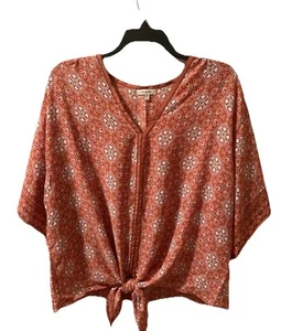 Max Studio Tie Front Top 3X Short Sleeve Blouse Orangey Rose AOP - Picture 1 of 9