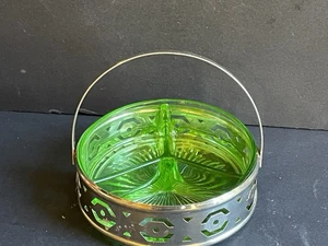 Vtg Vaseline Glass Condiment Jam Divided Dish With Caddy - Bild 1 von 3