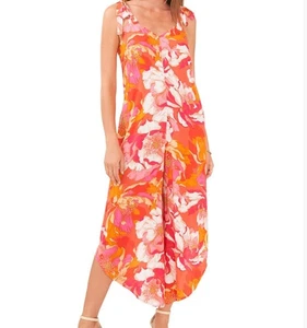 Vince Camuto Floral Tie Shoulder Angled Hem Jumpsuit Women’s Pink/Orange Sz M - Picture 1 of 9
