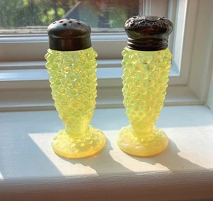 Vintage Hobnail Yellow Milk Glass Salt and Pepper Shakers Mismatch Silver Tops - Picture 1 of 4