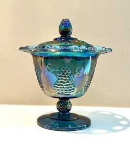 VTG Carnival Glass Covered Compote Iridescent Blue Grape Design Lace Edge - Picture 1 of 9
