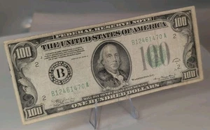  $100 BILL-ONE HUNDRED DOLLAR BILL- SERIES 1934 A  FEDERAL RESERVE NOTE J9  - Picture 1 of 13