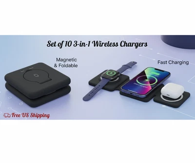 3-in-1 Wireless Charger Magnetic Foldable Fast Charging Black Set of 10 - Image 1 of 4