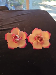 Pair Of Porcelain Pink Rose Flower Figurine Collectible Art Vintage 3.5" - Picture 1 of 8