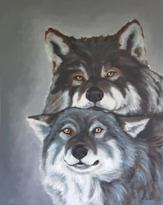 Wolf Liebe Original Gemälde Tierkunst Wildtiere Paar Wölfe Kunstwerk 16 x 20 Zoll - Bild 1 von 7