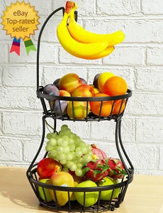 2-Tier Fruit Basket Bowl Stackable Vegetable Storage with Banana Tree Hanger Sta - Picture 1 of 8