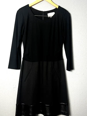 Vestido Nicole Miller Artelier Grande Negro/Gris Ponte Cuello Redondo Borde Cuero Cordero Foto 1 de 4