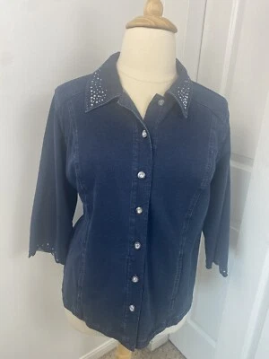 Dream Jeannes 1X Quacker Factory Denim Jacket Rhinestones Stretchy Comfy - Image 1 of 4