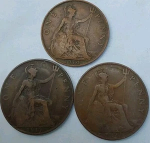 1914 1917 1921 Great Britain Bronze Lg Cents-King George VG 3 Coin Set-KM# 810 - Picture 1 of 7