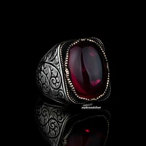 Turkish Handmade 925 Sterling Silver Jewelry Red Zircon Men's Ring All Size - Picture 1 of 3
