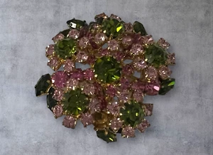 Vintage Austria Rhinestone Brooch Pink Green Floral Signed READ DESCRIPTION - Picture 1 of 6