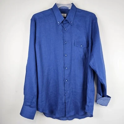 Camisa masculina ELMO Taormina Itália linho azul manga longa com botões tamanho 43 - Imagem 1 de 4