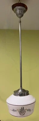 Vintage Solid Brass Pendant lamp handpainted Floral Shade  1940's - Image 1 of 4