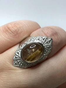 Natural Beautiful Gold Rutilated Quartz Gemstone Silver Plated Jewellery Ring #2 - Picture 1 of 3