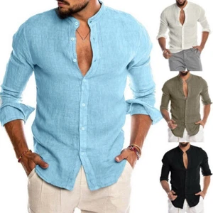 Men's Button Long Sleeve Shirt Casual Fit Solid Tops Breathable Linen Style N ⁿ - Picture 1 of 15